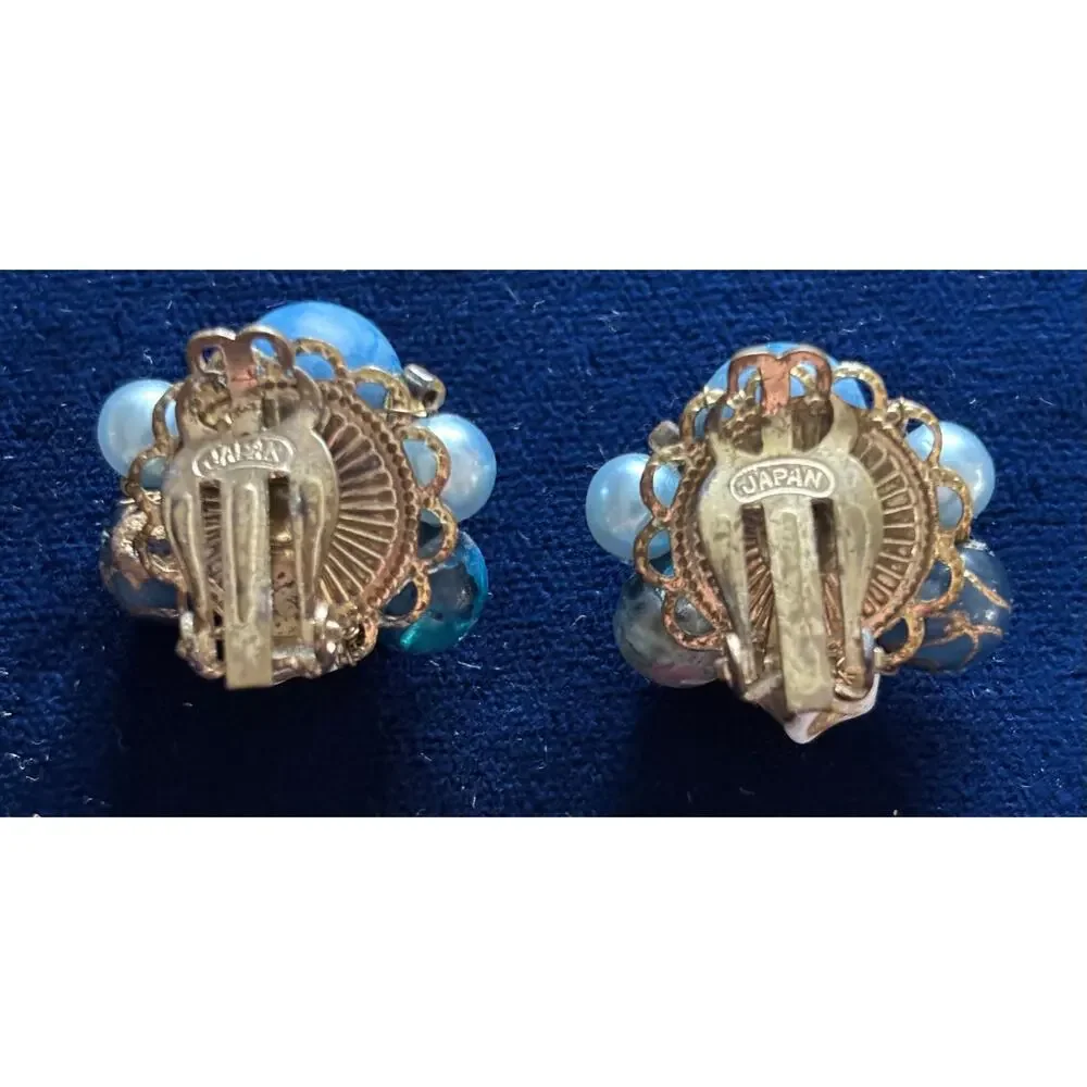 Vintage Japan Necklace and Earrings Lot 2 Blue Multi Color Gold Venetian Glass
